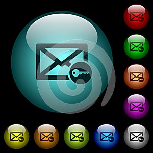 Secure mail icons in color illuminated glass buttons