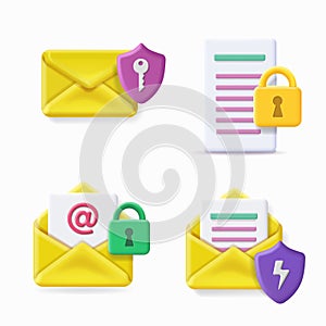 Secure mail icons set. Mailing envelope locked with padlock. Protection of email, data safety. Vector 3d.