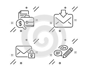 Secure mail, Incoming mail and Accounting report icons set. Keywords sign. Vector