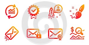 Secure mail, Verified mail and Paint brush icons set. Update data, Startup and E-mail signs. Vector