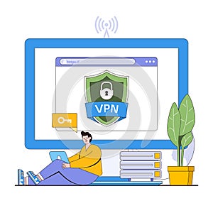 Secure network connection vector illustration concept with characters. Vpn usage, encrypted connection, safe browsing.