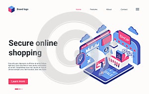 Secure online shopping financial technology isometric landing page, 3d payment security