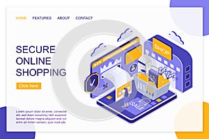 Secure online shopping isometric landing page vector template