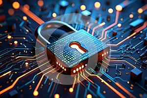 A secure padlock with binary code on a glowing circuit board