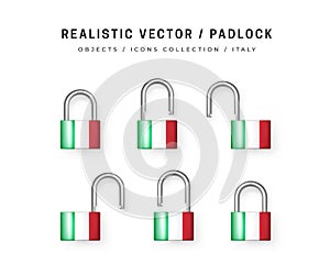 Secure padlock decorated with flag of Italy. Icons Set of closed and open locks. Isolation on white. Data protection, Security