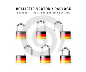 Secure padlock decorated with German flag. Icons Set of closed and open locks. Isolated on white. Data protection, Security