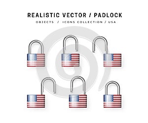 Secure padlock decorated with USA flag. Icons Set of closed and open locks. Isolation on white. Data protection, Security