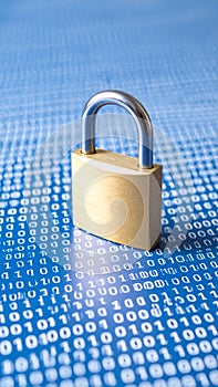 Secure padlock over binary code background highlighting digital security and data protection