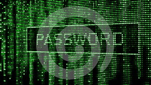 Secure password. Cyber attack. Hacking. Digital background green matrix. Binary computer code. 3d rendering