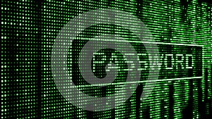 Secure password. Cyber attack. Hacking. Digital background green matrix. Binary computer code. 3d rendering
