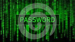 Secure password. Cyber attack. Hacking. Digital background green matrix. Binary computer code. Vector Illustration