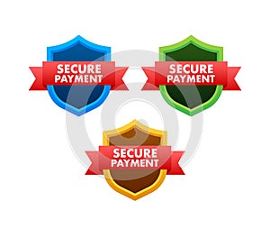 Secure payment. Credit card icon with shield. Secure transaction. Vector stock illustration.