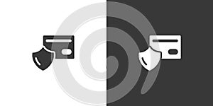 Secure payment. Credit card and security shield. Isolated icon on black and white background. Commerce glyph vector illustration
