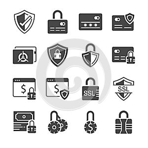 Secure payment icon set. Included the icons as credit cad, safe, protection, ssl, encryption and more.