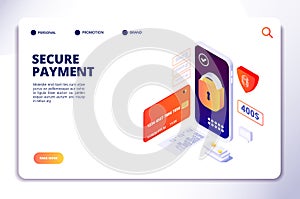 Secure payment isometric concept. Mobile online security cash payments, smartphone banking protection app. Landing