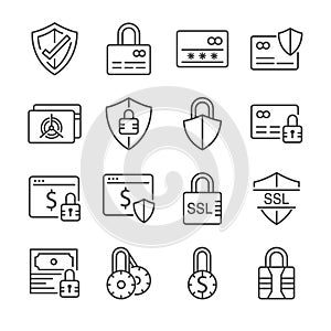 Secure payment line icon set. Included the icons as credit cad, safe, protection, ssl, encryption and more.