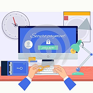 Secure payment message in a screen. On line banking concept.Secure transactions and payments. Flat vector illustration