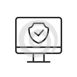 Secure PC protected, icon in line design. Secure, PC, protected, security, privacy, encryption, data on white background