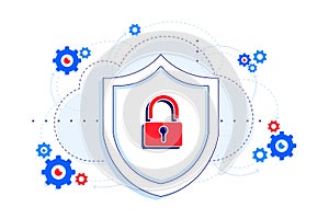 Secure platform with API downtime protection illustration. Shield and lock as the concept of security. SaaS.