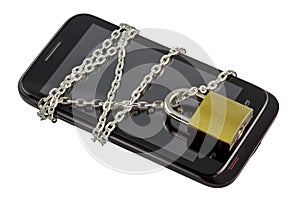 Secure smartphone with a chain locked with padlock. Image hinting modern secured technology. White background