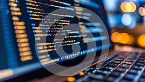 Secure software development code on computer screen with blurred background display