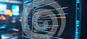 Secure software development code displayed on computer screen. Abstract technology background.