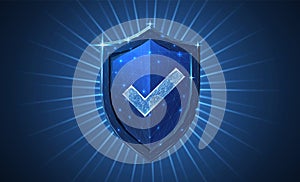 Secure technology. Polygonal wireframe shield with check mark sign on dark blue.