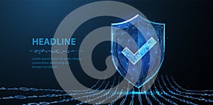 Secure technology. Polygonal wireframe shield with check mark sign on dark blue.