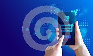Secure user authentication with mobile phone. Data security. Authorization form and password check. Application login