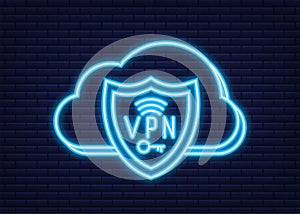 Secure VPN connection concept. Virtual private network connectivity overview. Neon style. Vector stock illustration.