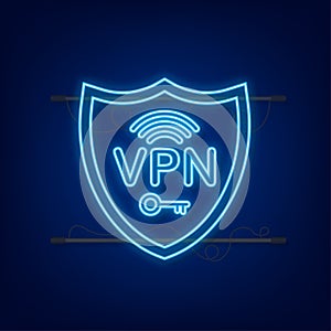 Secure VPN connection concept. Virtual private network connectivity overview. Neon style. Vector stock illustration