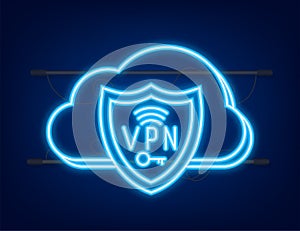 Secure VPN connection concept. Virtual private network connectivity overview. Neon style. Vector stock illustration