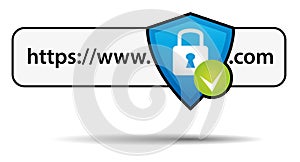 Secure website. Navigation bar with blue shield and green check mark. Vector icon.