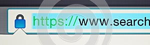 Secure, website and url of search bar on computer screen for information, worldwide surfing and server. Homepage, html