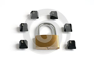 Secure written with keyboard keys around padlock