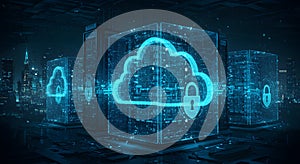 secured cloud network with digital city backdrop