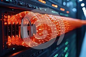 Secured server network with fiber optic cables and lock