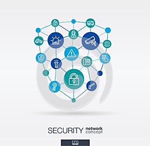 Security, access control integrated thin line icons. Digital neural network concept.