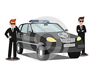 Security Agents And Car Flat Vector Illustration