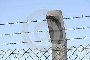 Security barbedwire fence, wire with clusters of short, sharp spikes on concrete pillar