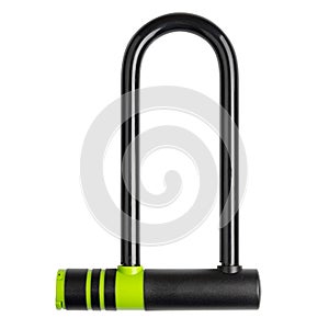 Security, Bicycle Lock U shape.black green U-lock isolated on white background.