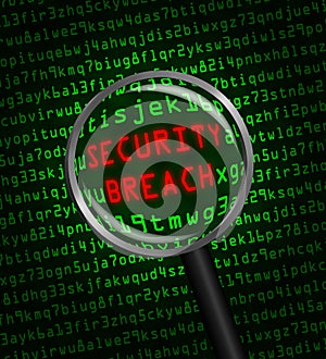 SECURITY BREACH in red revealed in green computer machine code through a magnifying glass