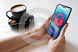 Security breach unlock padlock icon on mobile phone screen. Cyber protection concept.