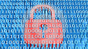 Security business concept - red closed padlock embedded in a binary code surface in bright blue color