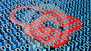 Security business concept - red closed padlock embedded in a binary code surface in bright blue color