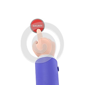 Security button. Hand pressing red button. Push finger. 3d illustration flat design. Beginning action,concept.
