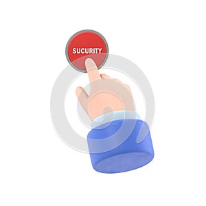 Security button. Hand pressing red button. Push finger. 3d illustration flat design. Beginning action,concept. Sos icon.