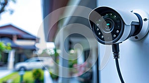 A security camera is attached to the side of a house