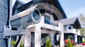 A security camera is attached to the side of a house