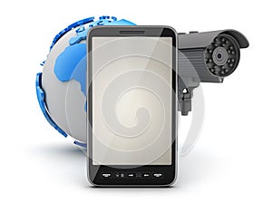 Security camera, cell phone and earth globe